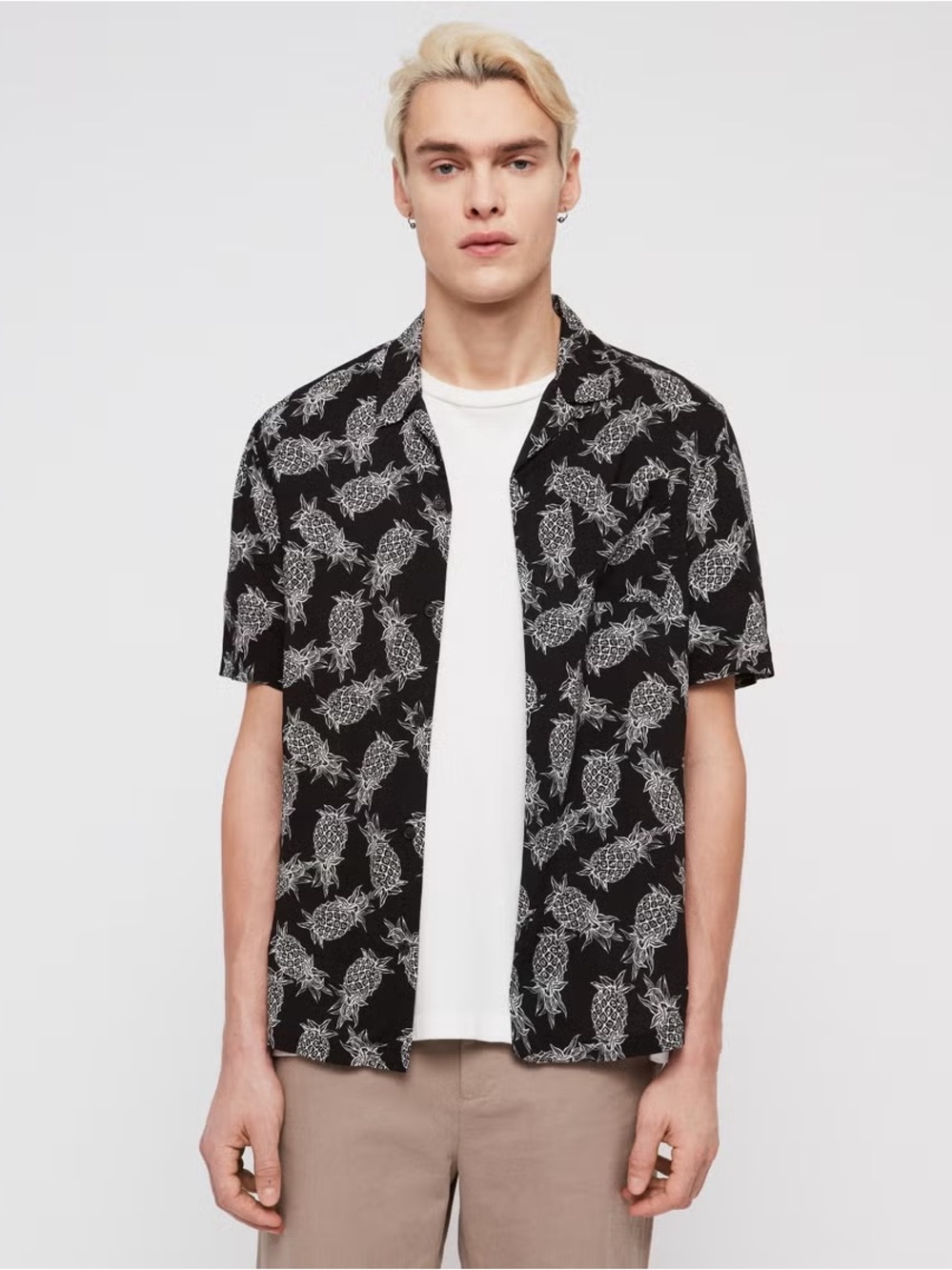 AllSaints Mens Pina Pineapple Print Camp Collar Short Sleeve Shirt | Black | XS